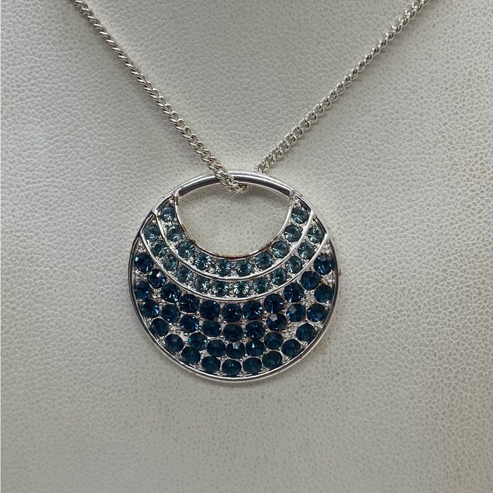 Givenchy Necklace Silver Tone Blue Crystal Rhinestone Round Pendant Necklace